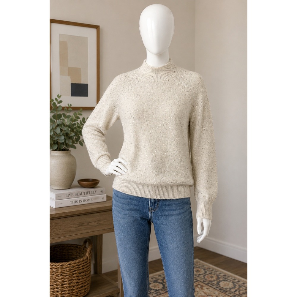NWT Halogen Womens Sweater Beige Gold Sequin Metallic Mock Neck Small